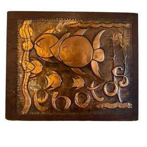 Vintage Pressed Copper Relief Wood Frame Wall Art Sea Life Angel Fish